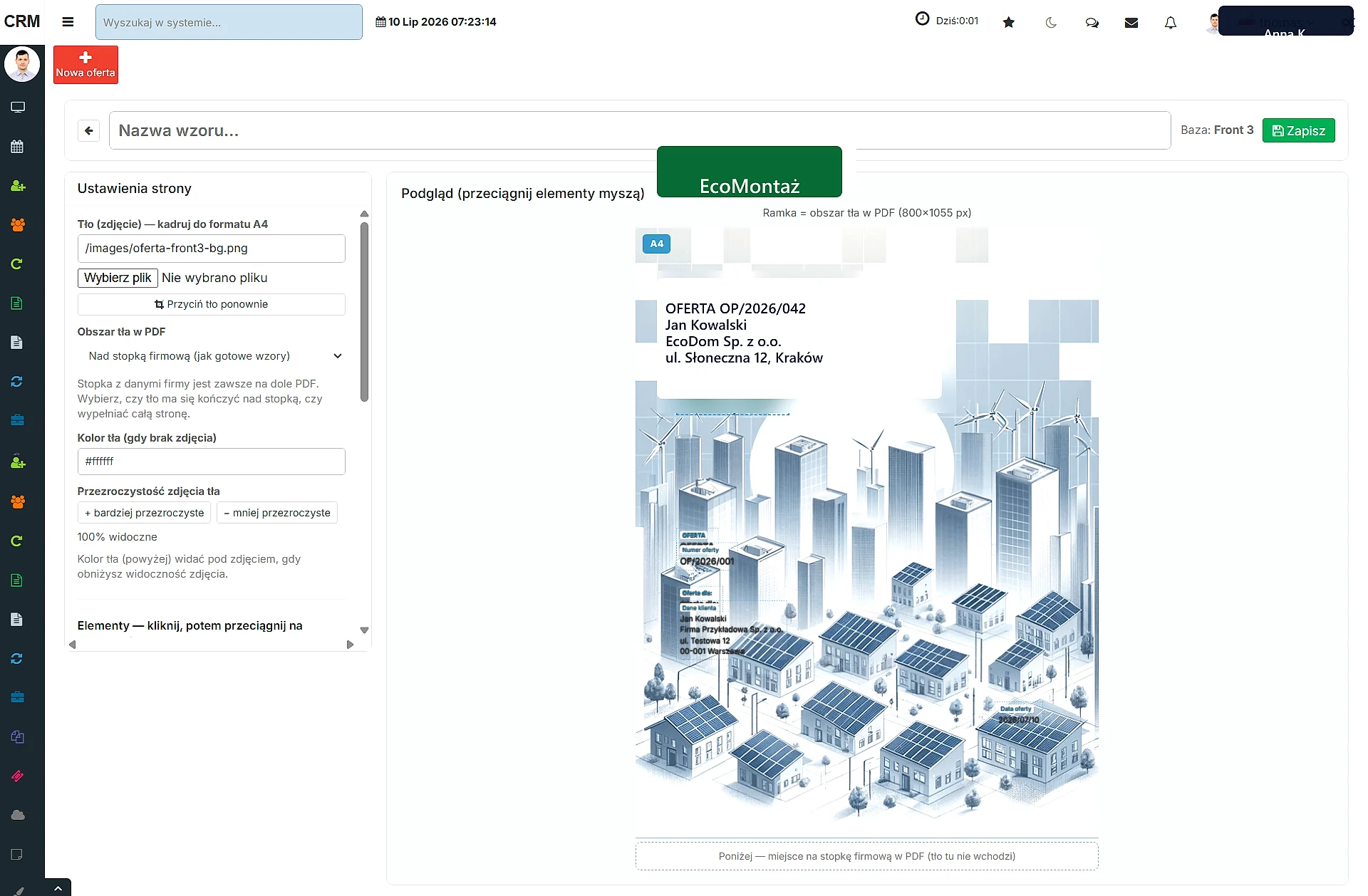Kreator szablonu oferty PDF w Comoveo CRM